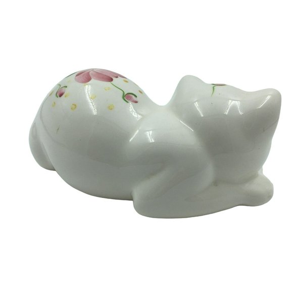 Sleeping kitten figurine Vintage hand painted white pink flowers floral cat shel - Picture 4 of 8